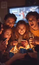 a group of kids holding candles at night with one girl looking on