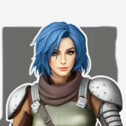 a woman in blue hair with an arm up and a scarf around her neck