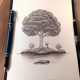 a black and white photo of a pen drawing a tree,a pen is laying on top of a paper that is drawing a tree,a pencil drawing of a tree growing on an island,this is a drawing of a tree and its roots are high,an illustration of tree with water in the background