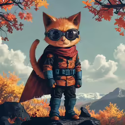 a cat wearing glasses standing on a rock with a backpack