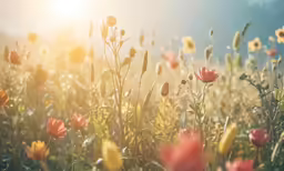 wild flowers in a field with the sun in the background