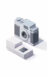 a camera and stack of blank notes sitting on top of a table