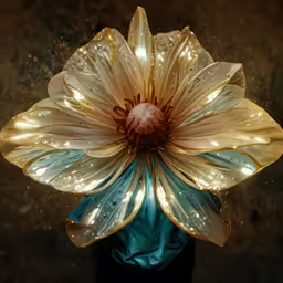 large brass flower with metallic leaves in the center