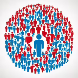 many red and blue people are in the middle of a circle