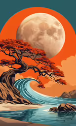 an artistic painting shows the ocean and tree