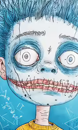 a drawing of a skeleton man with a blue sky background