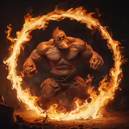 a wrestler with the number one on his chest is surrounded by flames