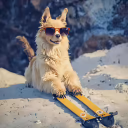 a dog wearing sunglasses sits on a pair of skis