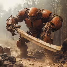 a robot with a large blade walking through the woods