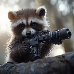a raccoon is sitting next to a machine gun