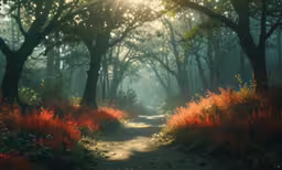 the sun shines through the trees and the grass in front