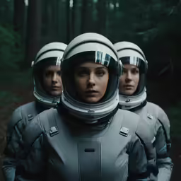 three people in the woods with helmets on their head