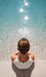 the back of a woman in a white top standing in water