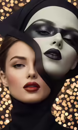 a woman with makeup is sitting next to a costume