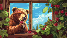 a painting of a bear looking out of a window,a bear that is sitting next to some berries