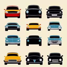 a set of six vintage cars in black, blue, yellow, and red,a picture of different colors of cars,several different cars in the same color scheme,nine cars in various colors, each different from one to five,a collection of different old and new classic cars