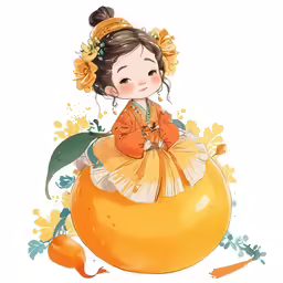 a little girl sitting on top of a giant orange