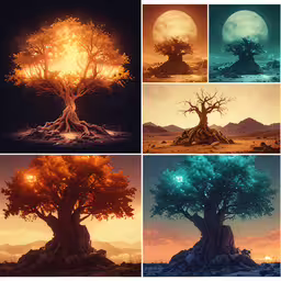 six images of various different trees,four photos of tree with bright light behind it