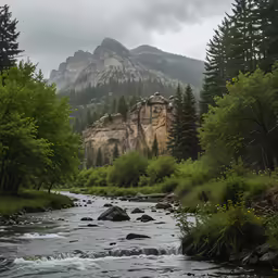 trees, bushes and boulders in the middle of a mountain stream