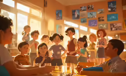 the man is standing behind a group of people sitting at a table