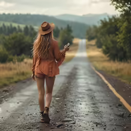the girl with a cowboy hat walks down the street