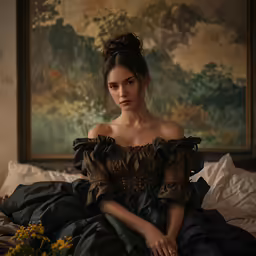 a woman wearing a black dress sitting on top of a bed