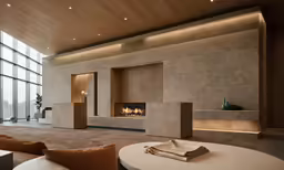 a living room with high ceilings and a large wall