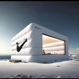 the man is hanging out the window of this small white building