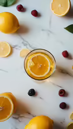 a glass of fruit sitting next to lemon slices and berries