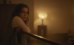 woman on the railing of her home at night