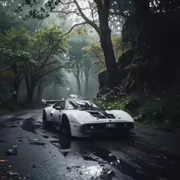 a car is parked on a rainy road
