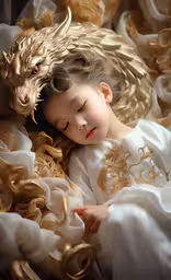 the young girl is sleeping in a silk bed,young girl in white and gold outfit sleeping next to dragon