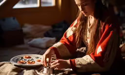 a young girl is putting something in a glass container