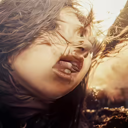a close up of a person holding her hair blowing in the wind