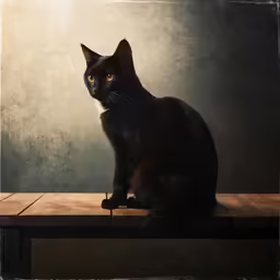 a black cat sits on top of a wooden table
