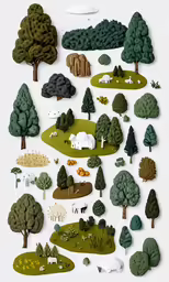 the paper cutout shows various trees and fields