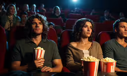 three people watch a film while sitting in a movie theater,a man and woman sitting in front of popcorns