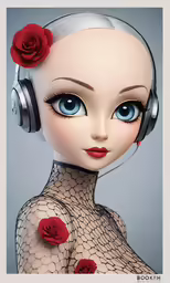 an old woman wearing headphones and pink flowers
