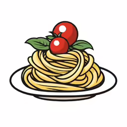 a plate with spaghetti and a tomato