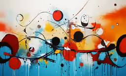 a large painting with many colors and black circles