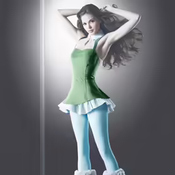 the woman is posing by the light up pole