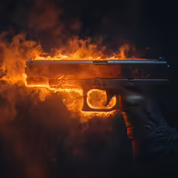 a gun is on fire in front of black background