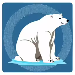 a polar bear sits on top of ice,a polar bear sitting in the water looking to its left,a polar bear sitting in water with an orange floating ring in the background,polar bear sitting and looking out with circular backdrop,a polar bear sitting on top of water