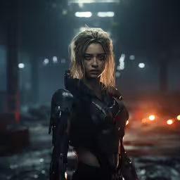 an alien female standing in a dark industrial setting,a girl in black leathers looks at the camera