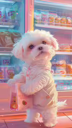 a small dog is carrying a bag on its hind legs,a little white dog is in front of a store display