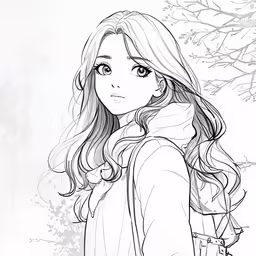 a girl with long hair standing in front of a tree