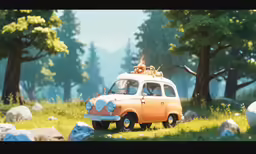 a car with animals sitting on top in the grass