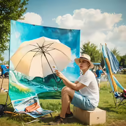 the man is sitting on a box and painting in the grass