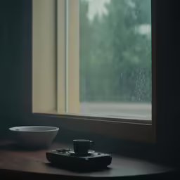 a cup of coffee sitting on a window sill with rain falling down