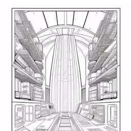 line drawing of a spaceship room, the space is filled with large glass windows,a line drawing of a space station